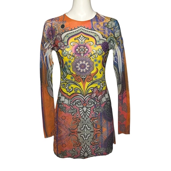 Viviana G Tee's Vibrant Psychedelic Print Mesh Top Stretchy Long Sleeve sz Large - Picture 10 of 10